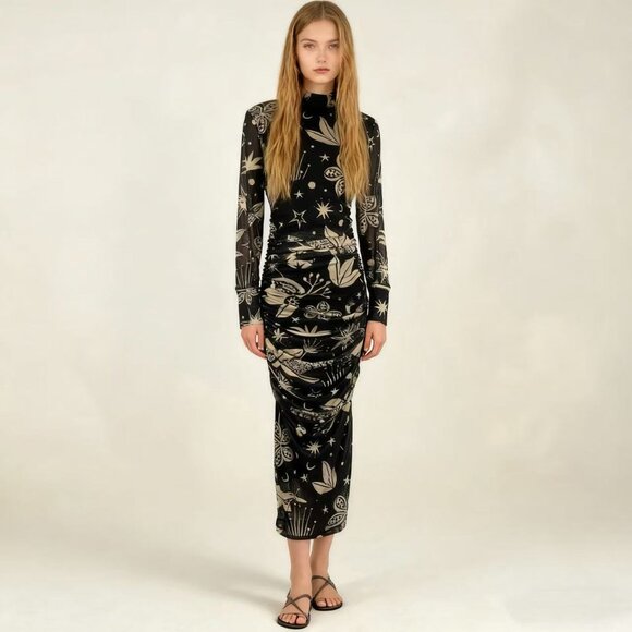 Farm Rio Dresses & Skirts - NWOT Farm Rio Cerrado Sky Tulle Midi Dress Long Sleeves Size XS Black and Cream